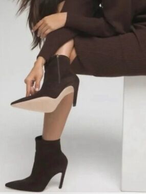 Good American Icon Bootie Suede Chocolate Brown Heeled Pointy NEW NIB